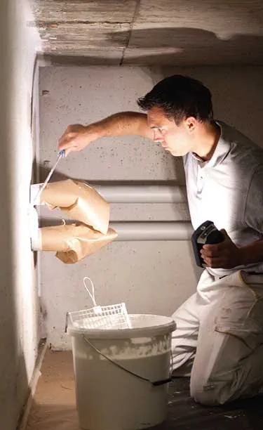 Käsitööline valgustab kitsast, pimedat ruumi, ühes käes Festool Töövalgusti ja teises tööriistaga.